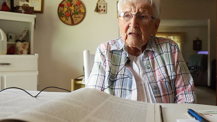 Delberta Peterson of Niobrara, Nebraska, shares the story of crossing the Niobrara River on a rickety drawbridge during the 1952 floods.